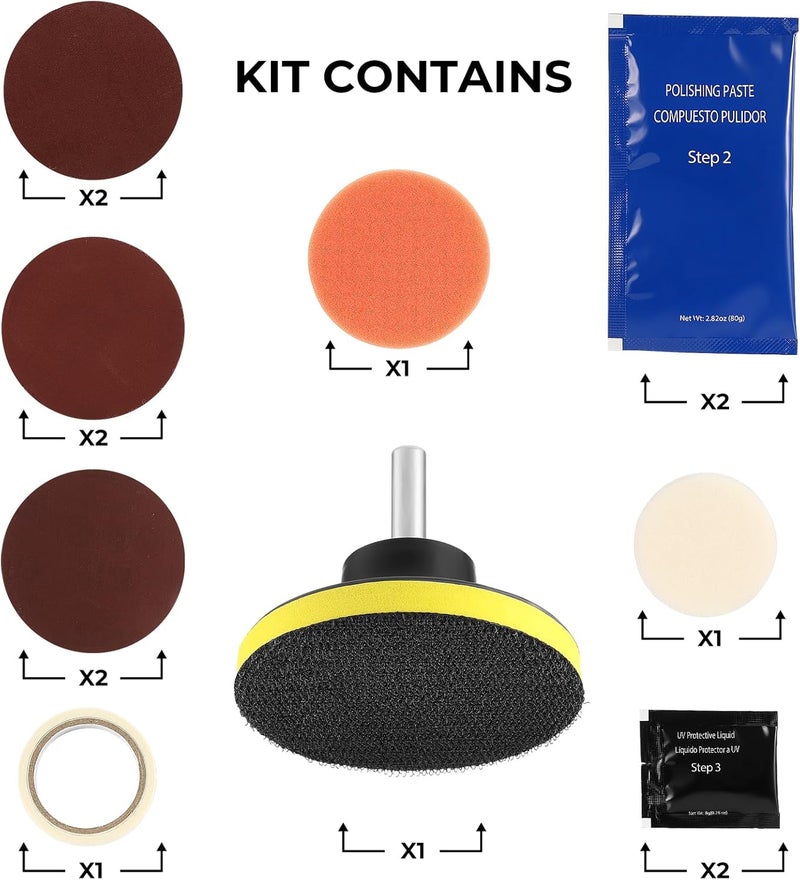 ISINFLASH Car Headlight Restoration Kit, 3 Easy Steps to Restore Sun Damaged Automotive Headlights Lens, Polish Restorer Cleaner Tool DIY Polishing, Sanding Discs, Scouring Pads for Electric Drill - Image 3